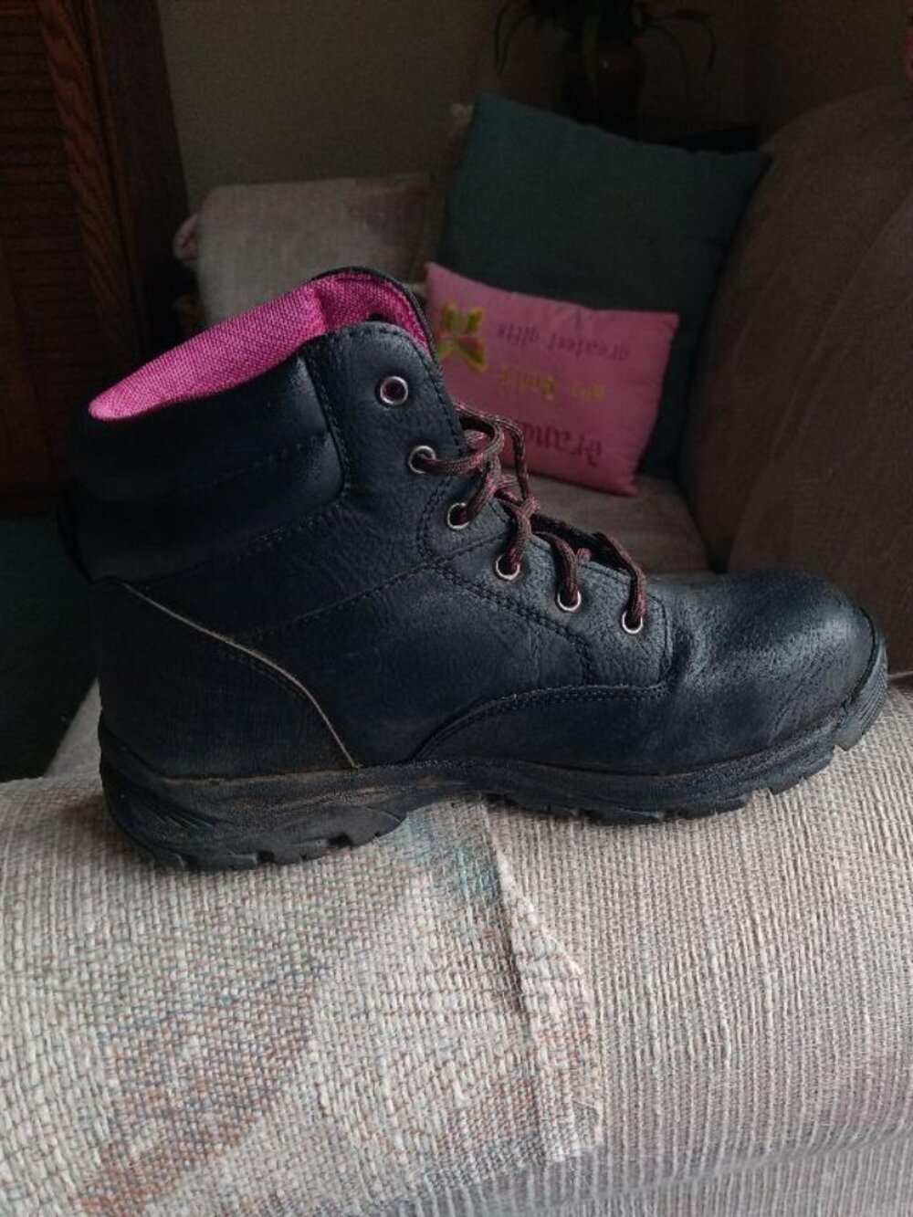 Brahma Women's Black Pink Lace Up Round Steel Toe Ankle Work Boot Size 8